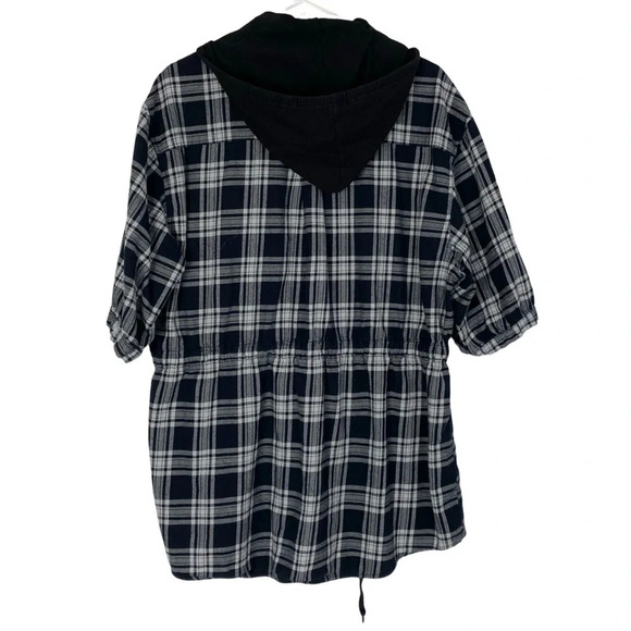 Norma Kamali Flannel Hoodie Shirt Womens Medium Black Plaid Hooded Tunic Top - Picture 2 of 12